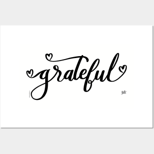 Grateful Word Art Hand Lettering with Hearts Posters and Art